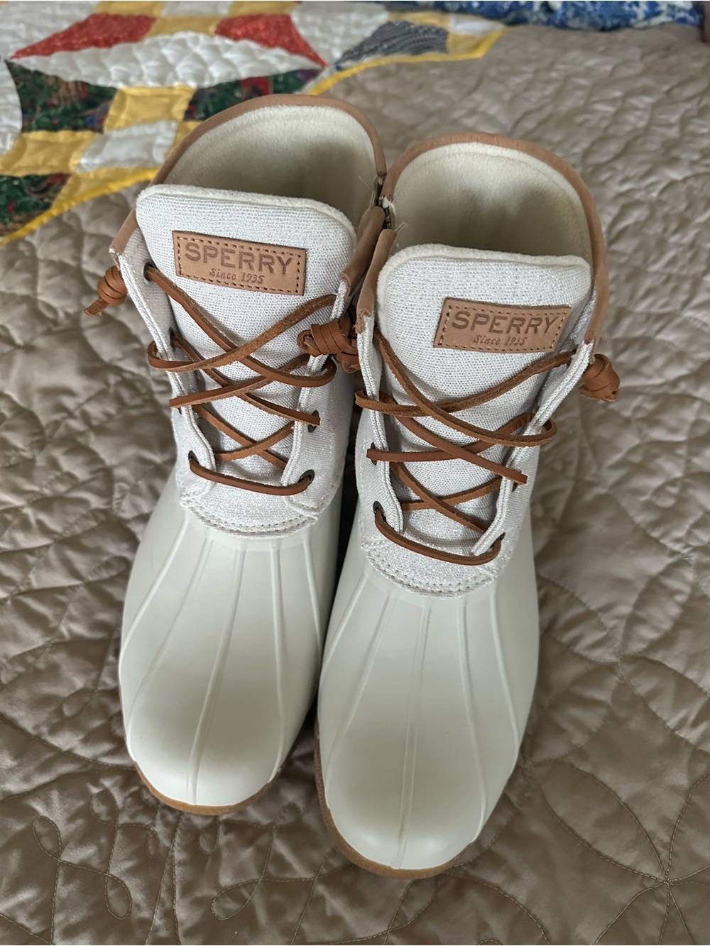 Sperry Women's Off-White Duck Boots with Tan Trim